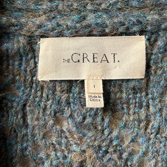 The GREAT. The Frond Montana Cardigan Green Pine Needle Shimmer oversized Sz S - Picture 12 of 15